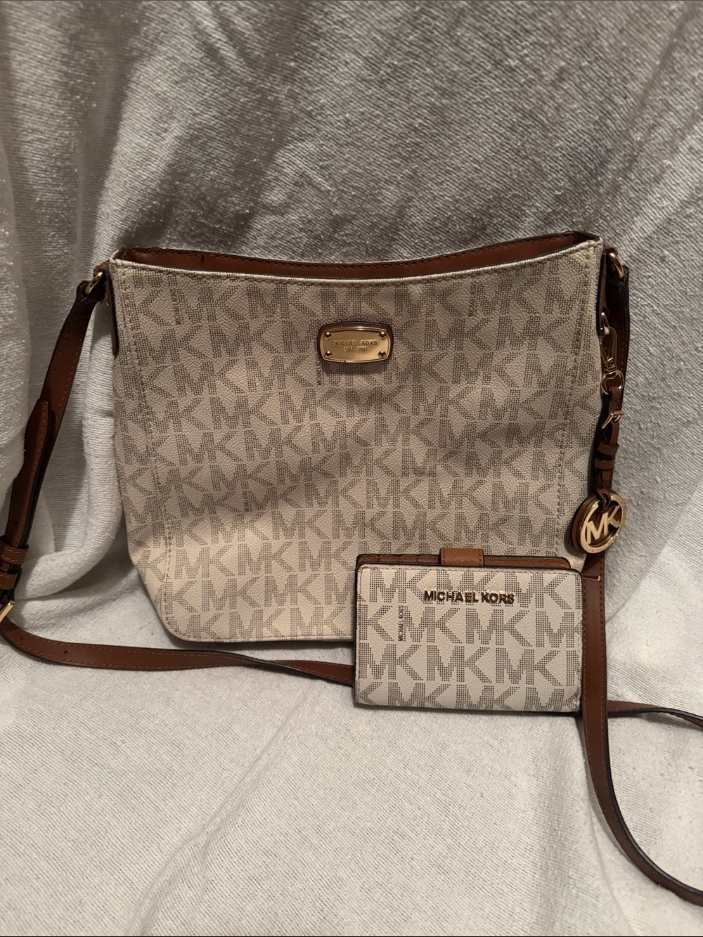 Michael Kors Cream Signature Crossbody Bag with Brown Trim and Card Case